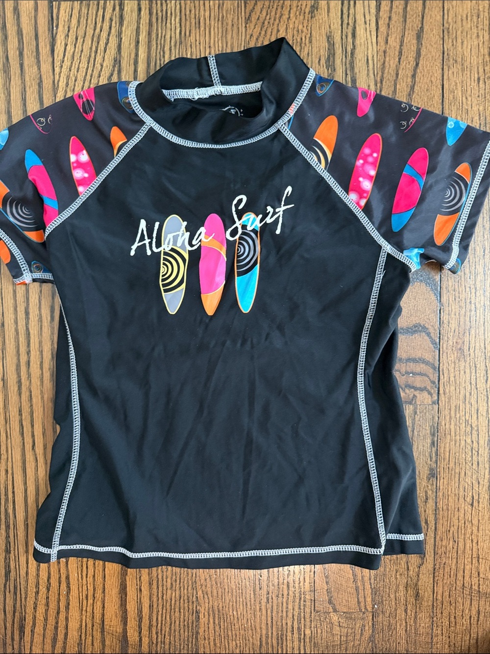 Aloha Surf Kids Black Rash Guard Swim Top - Surfboard Print